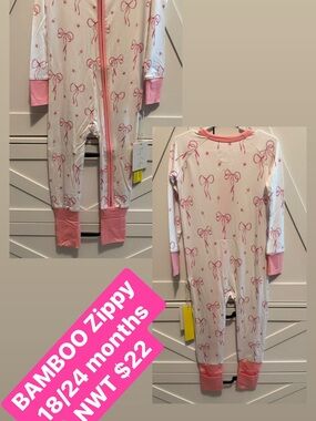 BAMBOO White and Pink Bow-Print Zippered Kids One-Piece Pajama
